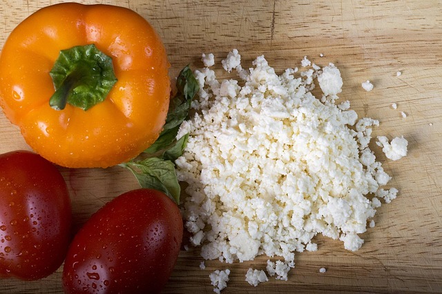 Pile of feta cheese with vegetables